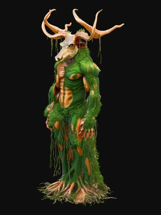 3D model for A muscular humanoid bull made entirely of twisted banyan tree roots and thick vines. The head is a bovine skull overgrown with green moss. Huge antlers made of flowering branches. Bark-like skin texture, glowing sap veins, organic forest deity, high-detail wood carving aesthetic, mythological hybrid.