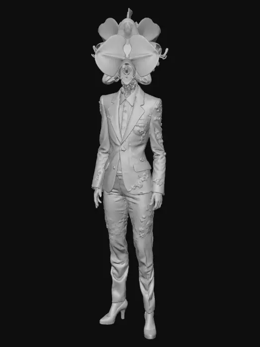3D model for A tall, slender humanoid hybrid. The head is a large, blooming pink orchid with a mantis's compound eyes hidden in the petals. It wears a tattered velvet tuxedo. Its arms are long, serrated mantis blades covered in soft floral moss. Surreal biological fusion, elegant but terrifying, hyper-detailed floral textures, chitinous insect shell, 4k PBR.