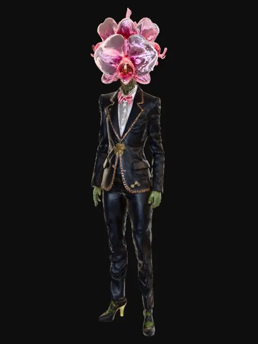 3D model for A tall, slender humanoid hybrid. The head is a large, blooming pink orchid with a mantis's compound eyes hidden in the petals. It wears a tattered velvet tuxedo. Its arms are long, serrated mantis blades covered in soft floral moss. Surreal biological fusion, elegant but terrifying, hyper-detailed floral textures, chitinous insect shell, 4k PBR.