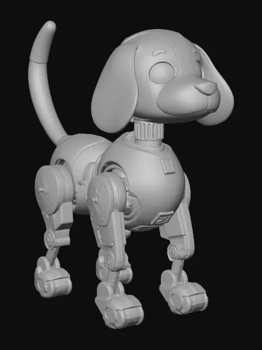 3D model for A full body 3D model of a mechanical Beagle, designed as a scout and exploration robot, tricolor plating in white, brown, and black automotive paint, the large floppy ears are flexible solar arrays or long-range scanners, a multi-lens camera system for eyes, the tail is a radio antenna with a glowing tip, lightweight aluminum chassis with exposed servo motors, friendly but utilitarian design, scuffed paint from outdoor use, clean studio lighting, high fidelity 3D render, Pixar-meets-Boston Dynamics style.