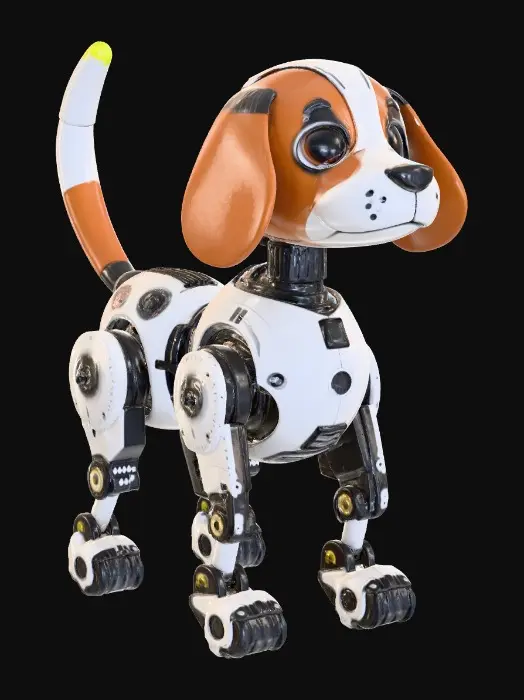 3D model for A full body 3D model of a mechanical Beagle, designed as a scout and exploration robot, tricolor plating in white, brown, and black automotive paint, the large floppy ears are flexible solar arrays or long-range scanners, a multi-lens camera system for eyes, the tail is a radio antenna with a glowing tip, lightweight aluminum chassis with exposed servo motors, friendly but utilitarian design, scuffed paint from outdoor use, clean studio lighting, high fidelity 3D render, Pixar-meets-Boston Dynamics style.