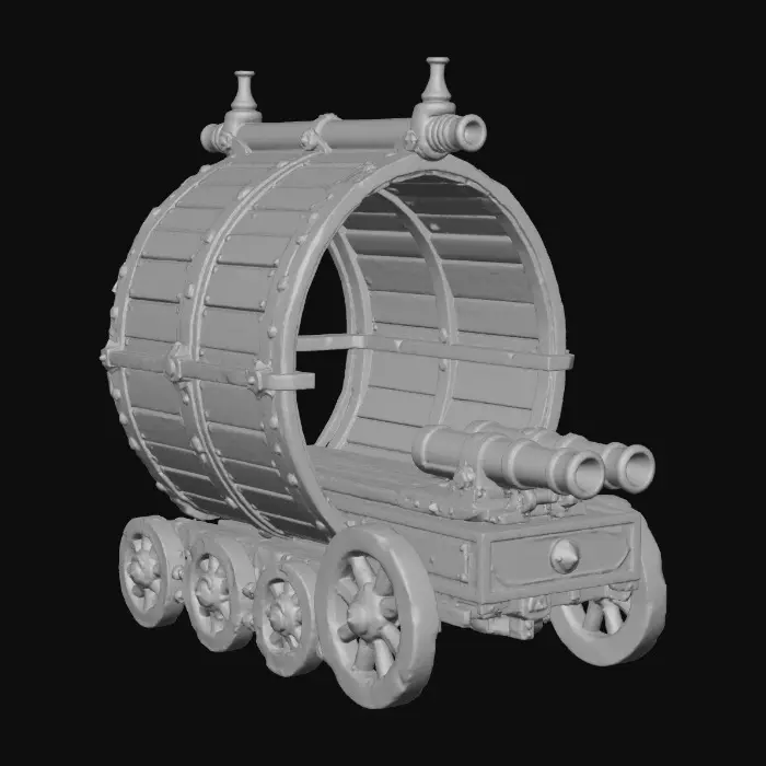 3D model for A 3D wooden model of a Renaissance armored fighting vehicle. Conical shape made of overlapping wooden planks, dozens of small bronze cannons poking out from the perimeter. Handcrafted miniature aesthetic, polished light wood, brass fittings, intricate mechanical model, historical invention style.