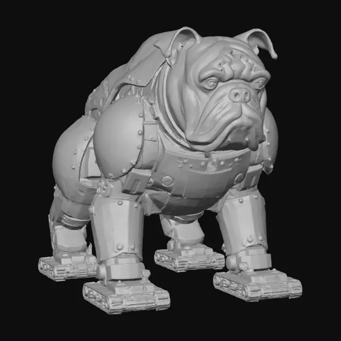3D model for A full body 3D model of a cybernetic English Bulldog, heavy-duty industrial construction resembling a bulldozer or tank, thick reinforced steel plating in matte tan and white, the famous wrinkles are actually overlapping armor plates, massive hydraulic jaw mechanism with an underbite, treads or heavy-duty all-terrain wheels integrated into the paws, distinct squat and wide stance, glowing exhaust ports on the back, grime and oil stains for realism, highly detailed mechanical joints, hard surface modeling, substance painter texture, rugged sci-fi machinery style.