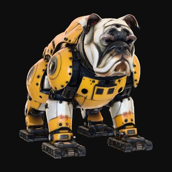 3D model for A full body 3D model of a cybernetic English Bulldog, heavy-duty industrial construction resembling a bulldozer or tank, thick reinforced steel plating in matte tan and white, the famous wrinkles are actually overlapping armor plates, massive hydraulic jaw mechanism with an underbite, treads or heavy-duty all-terrain wheels integrated into the paws, distinct squat and wide stance, glowing exhaust ports on the back, grime and oil stains for realism, highly detailed mechanical joints, hard surface modeling, substance painter texture, rugged sci-fi machinery style.