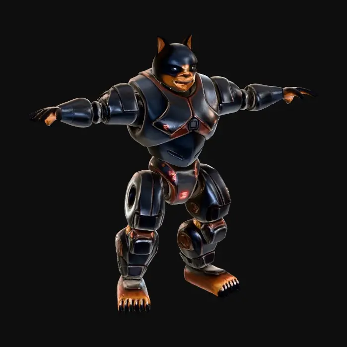 3D model for A full body 3D model of a robotic Rottweiler, intimidating security enforcement design, sleek black carbon fiber armor with signature rust-colored copper accents on the chest and muzzle, glowing red visor scanning eyes, reinforced neck collar with integrated sirens and lights, powerful hydraulic limbs designed for speed and impact, modular armor plating, scratched metal texture showing battle damage, aggressive alert pose, photorealistic rendering, cyberpunk security unit, Unreal Engine 5 asset.
