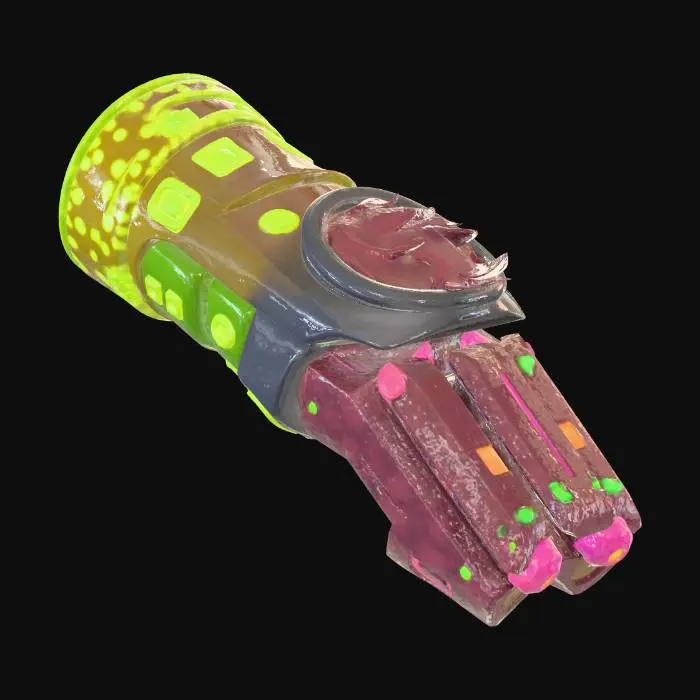 3D model for Create a stylized futuristic gauntlet with 3 bolts and a fire motif. Clean, optimized topology with a standard grey material only. Use bold, simplified shapes and smooth edges in a stylized comic-book fashion. Render-ready and exportable to Blender.