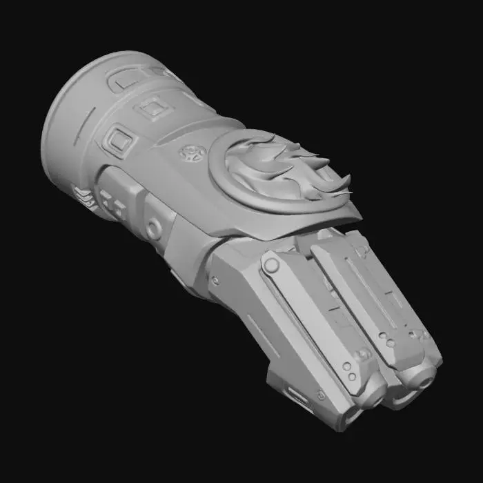 3D model for Create a stylized futuristic gauntlet with 3 bolts and a fire motif. Clean, optimized topology with a standard grey material only. Use bold, simplified shapes and smooth edges in a stylized comic-book fashion. Render-ready and exportable to Blender.
