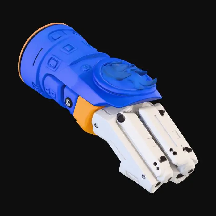 3D model for Create a stylized futuristic gauntlet with 3 bolts and a fire motif. Clean, optimized topology with a standard grey material only. Use bold, simplified shapes and smooth edges in a stylized comic-book fashion. Render-ready and exportable to Blender.
