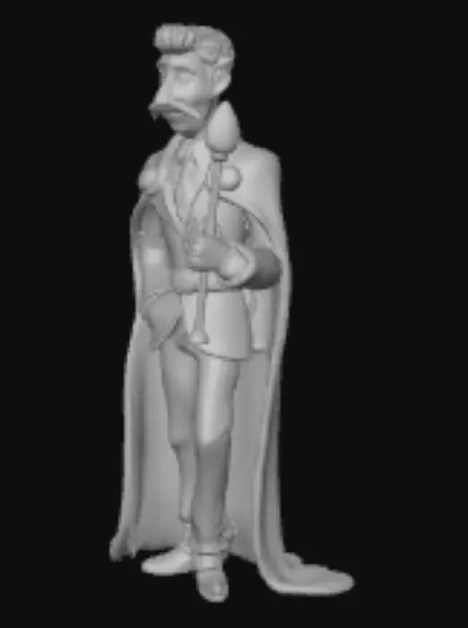 3D model for Genera un Señor estilo animación con bigote sentado sobre un diamante azul con las piernas cruzadas y un cetro dorado en su mano izquerda