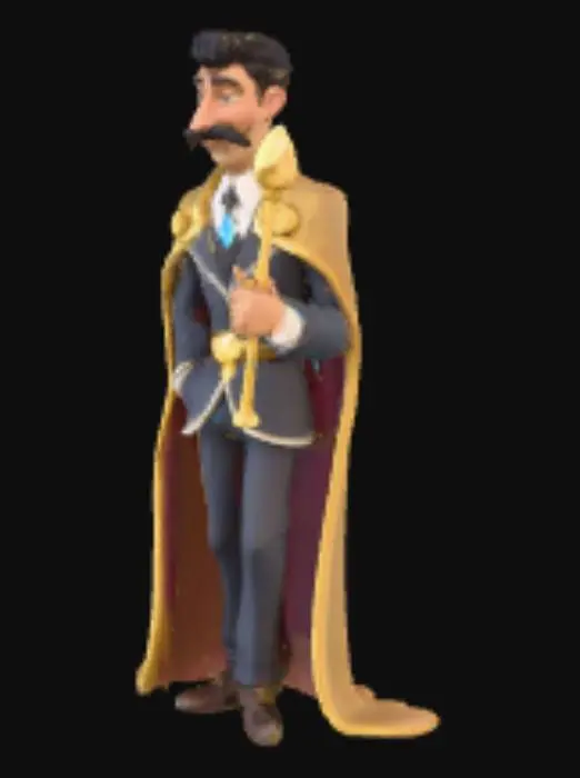 3D model for Genera un Señor estilo animación con bigote sentado sobre un diamante azul con las piernas cruzadas y un cetro dorado en su mano izquerda