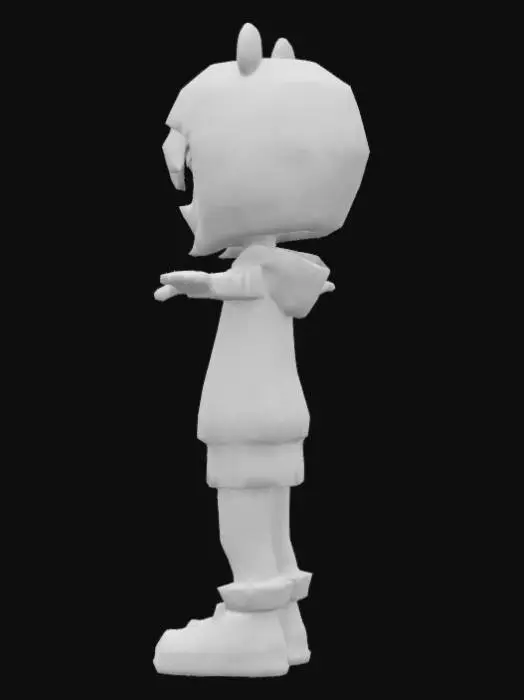 3D model for Crea un modelo 3D de un personaje con estilo animado voxel-art. Es un joven de complexión delgada, con rasgos amigables y cabello corto. Viste una sudadera con capucha, pantalones cómodos y zapatillas deportivas. Lleva un gorro con orejas de animal, similar a los de la imagen. El personaje debe estar en T-pose, con brazos extendidos horizontalmente y expresión neutral.