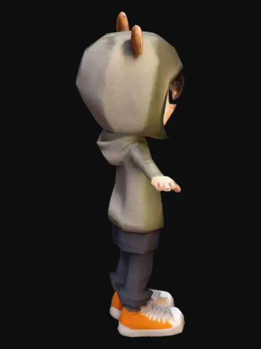 3D model for Crea un modelo 3D de un personaje con estilo animado voxel-art. Es un joven de complexión delgada, con rasgos amigables y cabello corto. Viste una sudadera con capucha, pantalones cómodos y zapatillas deportivas. Lleva un gorro con orejas de animal, similar a los de la imagen. El personaje debe estar en T-pose, con brazos extendidos horizontalmente y expresión neutral.