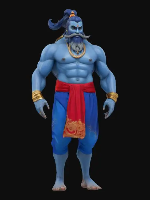 3D model for  the Genie is depicted as a large, blue, muscular humanoid with a ponytail, three fingers, and a beard with a distinctive swirl. He typically wears a red sash, a gold earring (on his right ear), and gold bracelets. His lower half is often depicted as smoky or gaseous in his classic blue form. .A genie is a mythological spirit