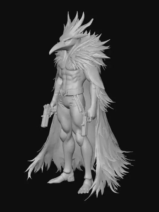 3D model for Humanoîde, crow dark head, long cape with feather form, color purple / black dark. Dark and purple energy, purple eyes light, two gun