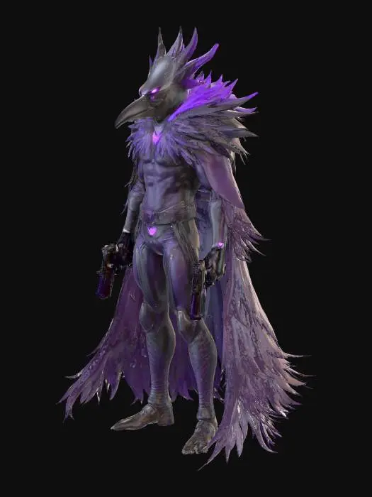 3D model for Humanoîde, crow dark head, long cape with feather form, color purple / black dark. Dark and purple energy, purple eyes light, two gun