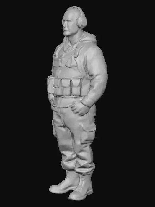 3D model for Professional photo, high detail, cinematic lighting. A cyber warfare operator in a dimly lit Joint Operations Center (JOC). The subject is male/female, mid-30s, with a serious and focused expression. He/She wears an OCP camouflage uniform with a 'Cyber' unit patch, but with a headset and a hoodie underneath. In front of them: a bank of monitors showing network maps, code, and threat dashboards. One hand is on a hardened keyboard, the other points at a specific line of code. The atmosphere is tense, high-stakes. Style: hyper-realistic, digital art, inspired by tactical shooter games.
