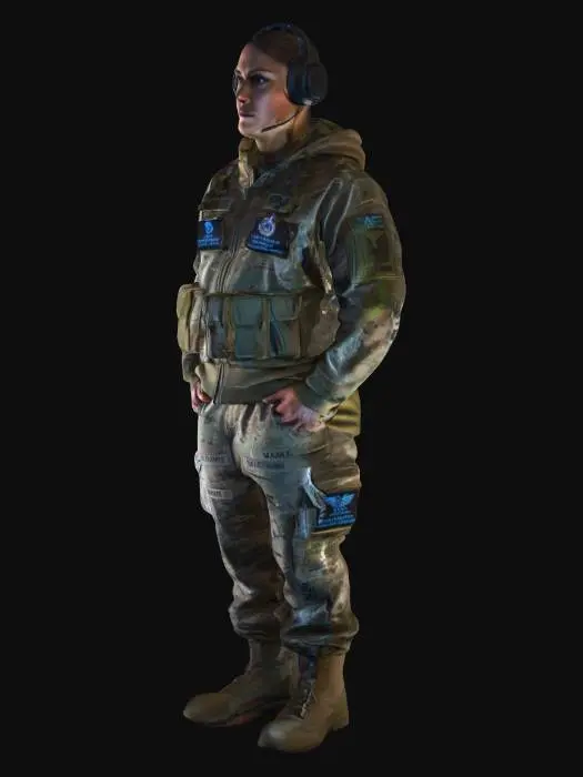 3D model for Professional photo, high detail, cinematic lighting. A cyber warfare operator in a dimly lit Joint Operations Center (JOC). The subject is male/female, mid-30s, with a serious and focused expression. He/She wears an OCP camouflage uniform with a 'Cyber' unit patch, but with a headset and a hoodie underneath. In front of them: a bank of monitors showing network maps, code, and threat dashboards. One hand is on a hardened keyboard, the other points at a specific line of code. The atmosphere is tense, high-stakes. Style: hyper-realistic, digital art, inspired by tactical shooter games.