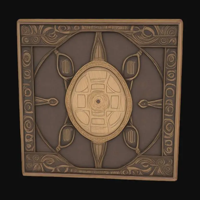 3D model for Um tabuleiro para jogo de carta colecionável. Quadrado e plano com detalhes de gravura no fundo.