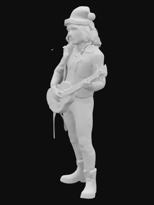 3D model for Imagine a high-resolution, vibrant Rock and Roll Christmas Jesus. Dressed in a leather jacket adorned with twinkling Christmas lights and a red Santa hat, he stands on a snowy stage. A guitar with Christmas and religious symbols is slung over his shoulder. He's in ripped jeans and stylish boots. Background has colorful Christmas trees and falling snowflakes. A crowd of fans and holiday revelers cheer, holding up lighters and flashlights, with scattered presents on the stage. #ChristmasAdventure#