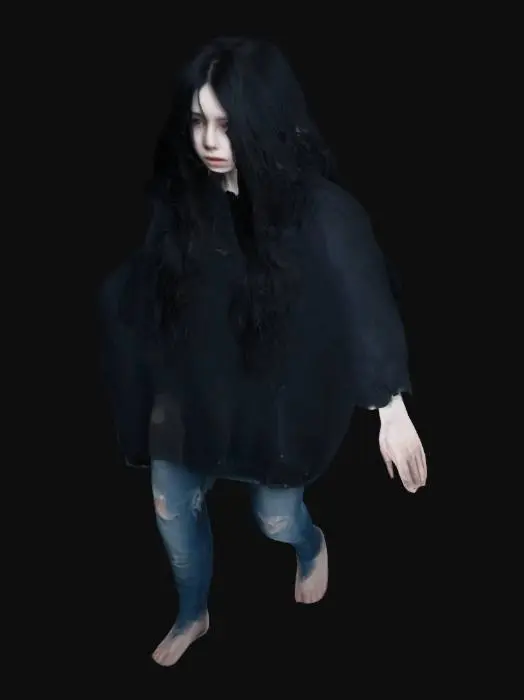 3D model for The girl, about 16, stands in a T-pose, her long, disheveled black hair falling loosely around her shoulders, partially hiding her face. Her pale skin, almost ghostly, contrasts with her dark, tattered oversized sweater and frayed jeans, hinting at neglect.