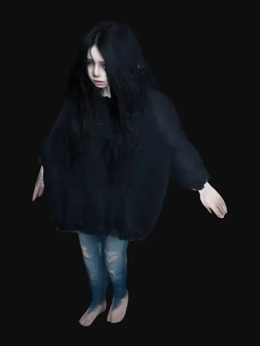 3D model for The girl, about 16, stands in a T-pose, her long, disheveled black hair falling loosely around her shoulders, partially hiding her face. Her pale skin, almost ghostly, contrasts with her dark, tattered oversized sweater and frayed jeans, hinting at neglect.