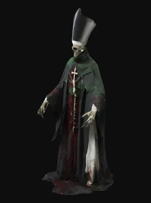 3D model for A skeletal dark fantasy Pope rots in tattered papal garb: blood-crusted cassock, shredded mozzetta, crooked mitre with inverted crosses. Sunken green eyes smolder in his hollow, ashen face; lipless mouth exhales shadow-smoke. Clawed hands clut finger-bone rosaries clatter. His chasuble seethes with serpentine embroidery, shadows writhe as wraiths, and a fractured halo bleeds necrosis. Air thick with rot and incense, his throat hisses cursed psalm a blasphemous deity enthroned in damned splendor.