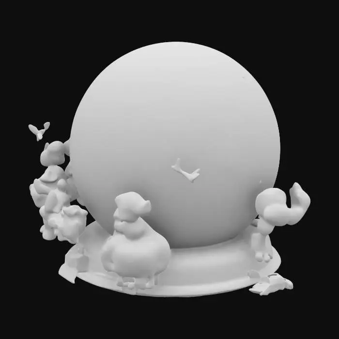 3D model for a traditional snow globe with a twist. Inside, a miniature Bethlehem scene comes to life, complete with the Holy Family. Tiny angelic figures and stars swirl around instead of snowflakes, reflecting golden LED light. The base is adorned with Christmas garlands and jingle bells. Humorously, the Three Wise Men wear Santa hats, bearing gifts wrapped in festive paper, and the shepherds' sheep have reindeer antlers. This whimsical globe blends tradition with a playful nod #ChristmasAdventure#