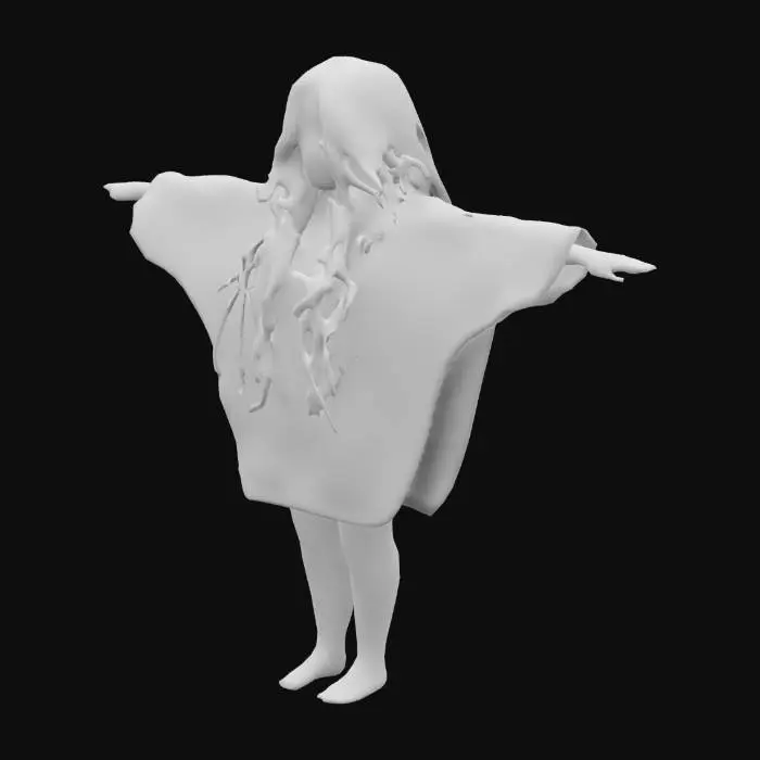 3D model for The girl, about 16, stands in a T-pose, her long, disheveled black hair falling loosely around her shoulders, partially hiding her face. Her pale skin, almost ghostly, contrasts with her dark, tattered oversized sweater and frayed jeans, hinting at neglect.