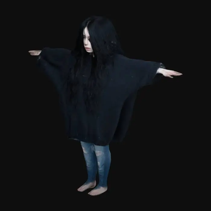 3D model for The girl, about 16, stands in a T-pose, her long, disheveled black hair falling loosely around her shoulders, partially hiding her face. Her pale skin, almost ghostly, contrasts with her dark, tattered oversized sweater and frayed jeans, hinting at neglect.