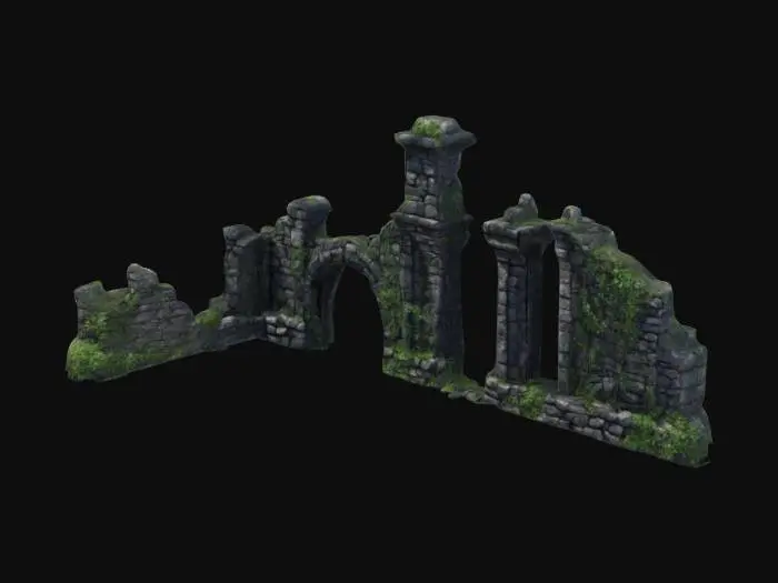 3D model for dark fantasy forest stone ruins overgrown rubble, same texture on both sides of wall, realistic