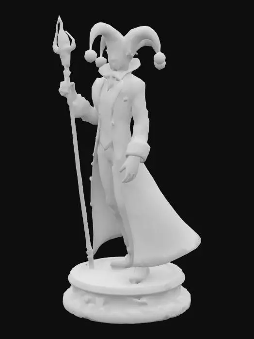 3D model for Create a hyper-realistic 3D statue of a traditional playing card depicting the Joker, designed for integration into Unreal Engine. The statue should capture intricate details of a classic Joker card: a charismatic Joker character with a vibrant, detailed costume (baroque patterns, rich textures, vivid colors like red, purple, and gold), holding iconic props (jester staff, bells, mask, or a mischievous grin). The model must be high-resolution, with optimized polygons for real-time rendering in Unreal Engine. Add an elegant pedestal with subtle engravings for a majestic presentation. Realistic style, dramatic lighting, balanced proportions, ready for animation or cinematic rendering.