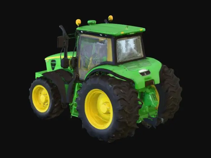 3D model for A realistic 3D model of a farm tractor. 
Main body painted in bright John Deere green, 
wheels with large black tires and yellow rims, 
detailed cabin with transparent glass, 
headlights and exhaust pipe visible, 
farm equipment style, proportionally accurate. 
Output as optimized GLTF/GLB model for use in three.js, 
with clean mesh and PBR textures.
