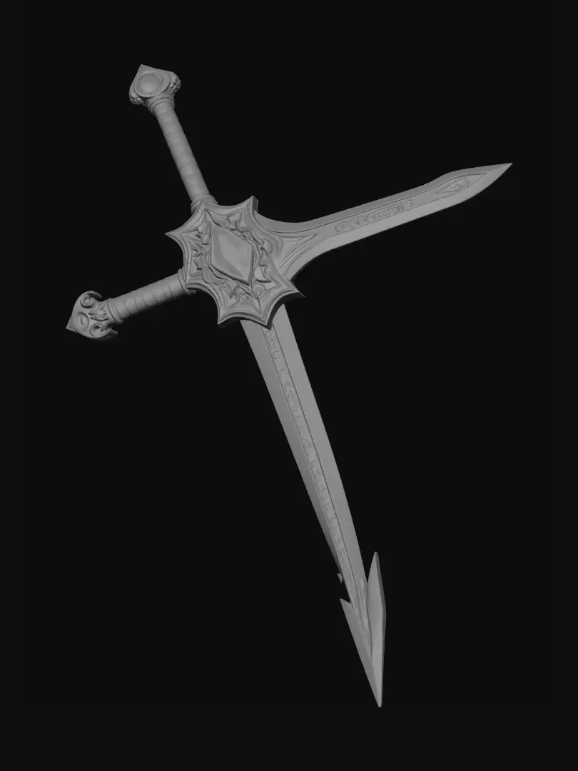 3D model for a sowrd with a glowing red jewel embedded in the guard and runes on the blade