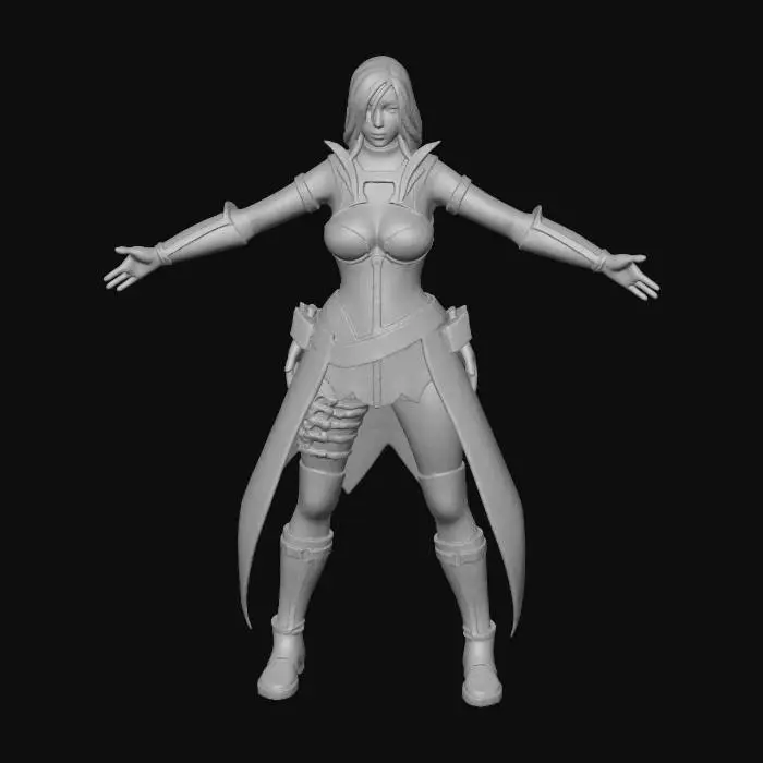 3D model for Stylized sexy female adventurer in a vibrant fantasy world, athletic and agile build, medium height, wearing leather armor with intricate stitching and subtle rune patterns. She has a green hooded cloak fluttering in the wind, sturdy boots, fingerless gloves, and a belt with pouches and a small dagger. Her hair is chestnut brown, tied back in a practical braid, and her eyes are bright green, alert and curious. She carries a simple wooden staff with faint magical runes etched into it. The pose is neutral, ready for rigging and animation, painterly fantasy style with bold colors, heroic and approachable expression, detailed textures suitable for a game engine, fully clothed and adventure-ready.