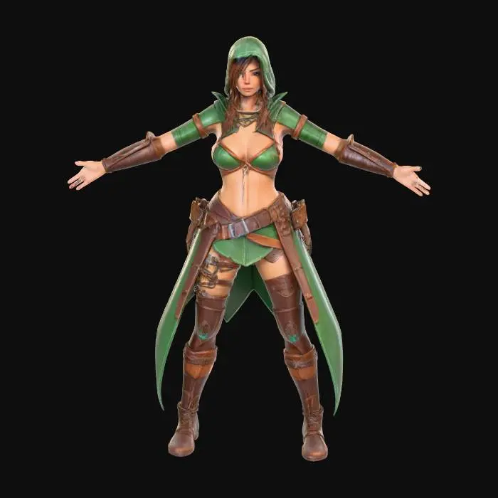3D model for Stylized sexy female adventurer in a vibrant fantasy world, athletic and agile build, medium height, wearing leather armor with intricate stitching and subtle rune patterns. She has a green hooded cloak fluttering in the wind, sturdy boots, fingerless gloves, and a belt with pouches and a small dagger. Her hair is chestnut brown, tied back in a practical braid, and her eyes are bright green, alert and curious. She carries a simple wooden staff with faint magical runes etched into it. The pose is neutral, ready for rigging and animation, painterly fantasy style with bold colors, heroic and approachable expression, detailed textures suitable for a game engine, fully clothed and adventure-ready.