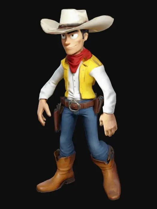 3D model for High-quality 3D model of Lucky Luke, the cowboy hero. Stylized look with cartoon proportions, classic outfit (white shirt, yellow vest, red bandana, blue jeans, cowboy boots, gun holster, and iconic white hat). A-Pose for easy rigging. No skeleton, no animations. Optimized for Unreal Engine.