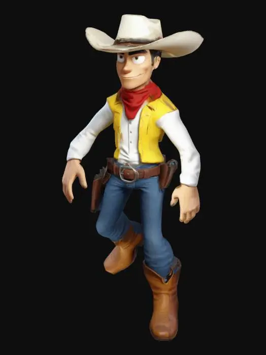 3D model for High-quality 3D model of Lucky Luke, the cowboy hero. Stylized look with cartoon proportions, classic outfit (white shirt, yellow vest, red bandana, blue jeans, cowboy boots, gun holster, and iconic white hat). A-Pose for easy rigging. No skeleton, no animations. Optimized for Unreal Engine.