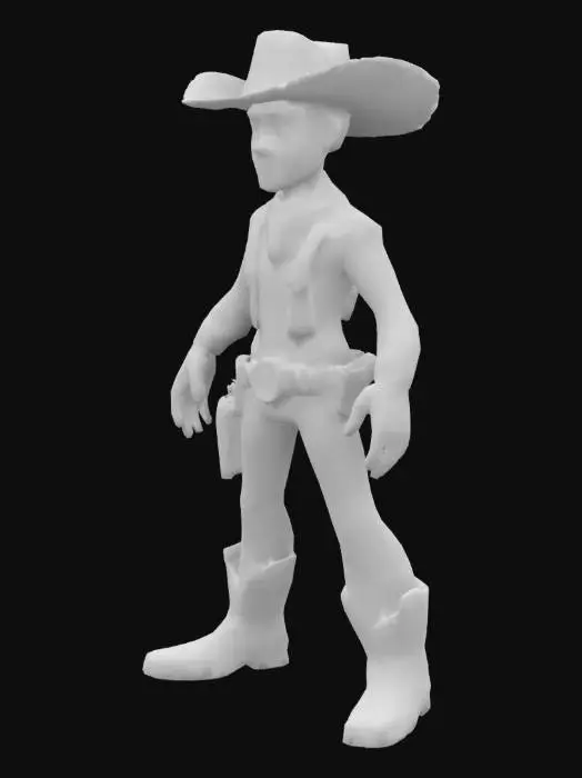 3D model for High-quality 3D model of Lucky Luke, the cowboy hero. Stylized look with cartoon proportions, classic outfit (white shirt, yellow vest, red bandana, blue jeans, cowboy boots, gun holster, and iconic white hat). A-Pose for easy rigging. No skeleton, no animations. Optimized for Unreal Engine.