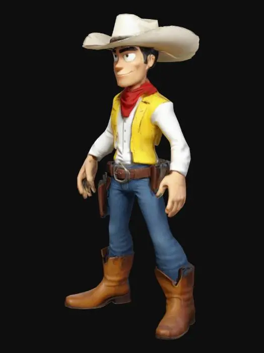 3D model for High-quality 3D model of Lucky Luke, the cowboy hero. Stylized look with cartoon proportions, classic outfit (white shirt, yellow vest, red bandana, blue jeans, cowboy boots, gun holster, and iconic white hat). A-Pose for easy rigging. No skeleton, no animations. Optimized for Unreal Engine.