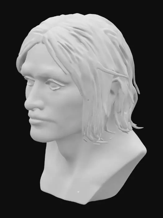 3D model for Fantasy, Highly Detailed, Ultra Realistic, Wooden Carved bust statue of Kurt Cobain