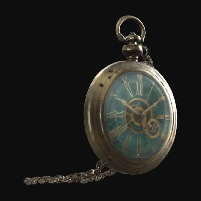 3D model for 19th century ornate pocket watch, fine mechanical engravings, delicate floral patterns, antique brass, slightly open to reveal detailed clockwork gears, Wild West cowboy aesthetic, weathered metal, realistic PBR textures, optimized for game use, seamless geometry, correct proportions, no floating parts, high detail but low poly