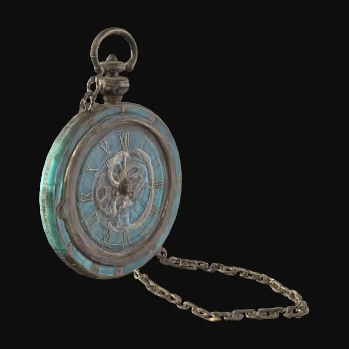 3D model for 19th century ornate pocket watch, fine mechanical engravings, delicate floral patterns, antique brass, slightly open to reveal detailed clockwork gears, Wild West cowboy aesthetic, weathered metal, realistic PBR textures, optimized for game use, seamless geometry, correct proportions, no floating parts, high detail but low poly
