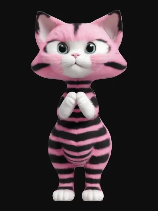 3D model for ready to rig, cat, cute, pink, black, stripes, white, big tail, soft, fluffy