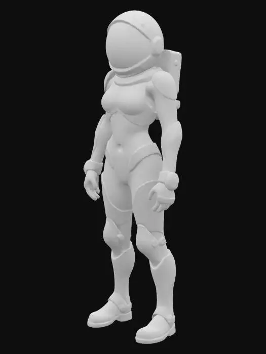 3D model for “A full-body portrait of a tall, slender female astronaut standing confidently in a clean white background. She wears a futuristic high-tech suit with a black fabric underlayer and thick, metallic blue armor plates covering her chest, shoulders, arms, thighs, and knees. The segmented armor has angular detailing and reinforced joints. Her helmet is on, featuring a sleek reflective black visor. Her posture is straight, arms relaxed at her sides, showcasing the contrast between the glossy blue armor and the matte black undersuit.