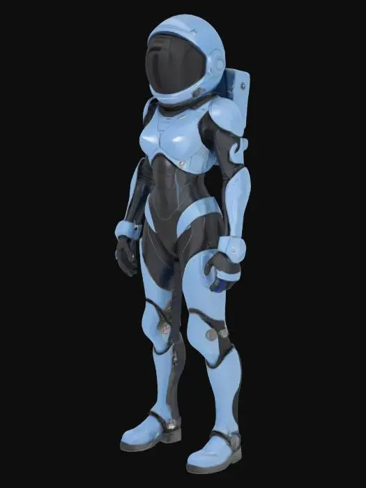 3D model for “A full-body portrait of a tall, slender female astronaut standing confidently in a clean white background. She wears a futuristic high-tech suit with a black fabric underlayer and thick, metallic blue armor plates covering her chest, shoulders, arms, thighs, and knees. The segmented armor has angular detailing and reinforced joints. Her helmet is on, featuring a sleek reflective black visor. Her posture is straight, arms relaxed at her sides, showcasing the contrast between the glossy blue armor and the matte black undersuit.