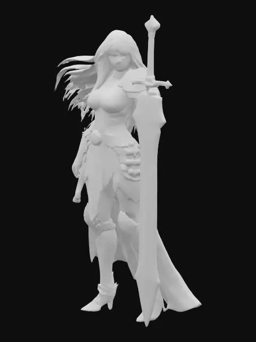 3D model for create a fantasy femain in chainmail armore. 1980s style with log hair and a giant sword
