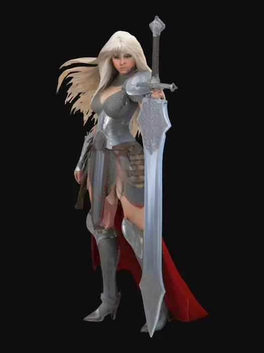 3D model for create a fantasy femain in chainmail armore. 1980s style with log hair and a giant sword

