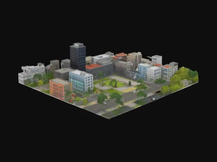 3D model for Create a 3D low-poly modern city environment covering 600m x 600m with multiple buildings including apartments, office towers, cafes, shops, police station, hospital, and school. Include paved roads with sidewalks, streetlights, traffic signals, crosswalks, and parked vehicles. Buildings should be intact with clean textures, varied heights (3–10 stories), and real-world layout. Add trees, benches, and a central park area. Use PBR textures and realistic lighting. Export as FBX, optimized for Unity.
