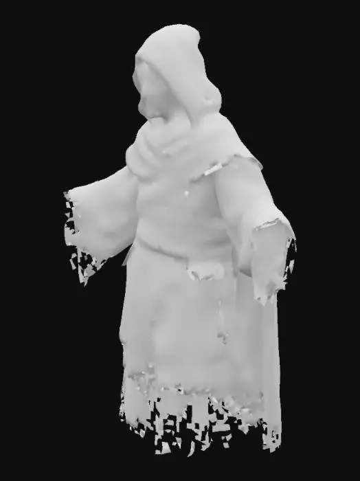 3D model for a cloaked figure with outstretched arms, with a stone mask with only one eye carved the other is still uncarved stone. The figure wears elaborate, layered clothing with intricate patterns and a hood.