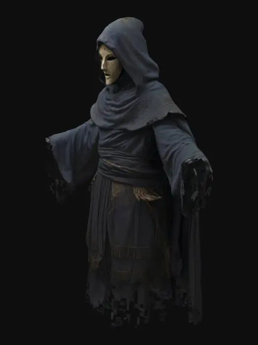 3D model for a cloaked figure with outstretched arms, with a stone mask with only one eye carved the other is still uncarved stone. The figure wears elaborate, layered clothing with intricate patterns and a hood.